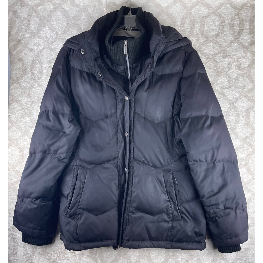 Nautica Puffer Jacket Mens Large Black Good Hooded Double Layer Bib Parka Coat - Picture 1 of 9